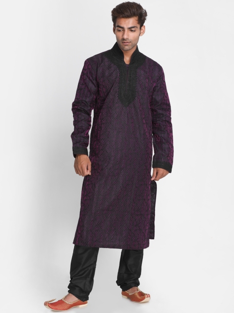 

Lakshya by Manish Men Purple & Black Self Design Kurta with Churidar