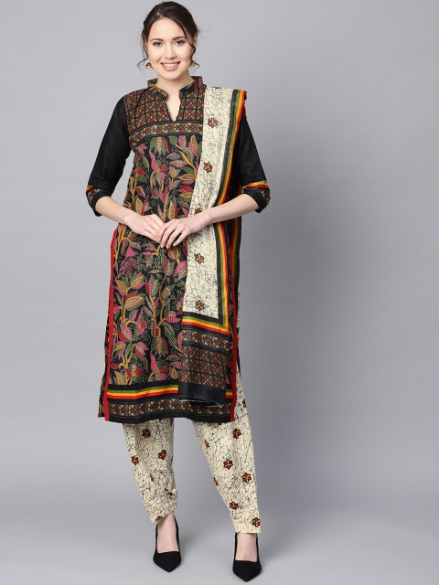 Ishin Women Black & Cream-Coloured Printed Kurta with Trousers & Dupatta