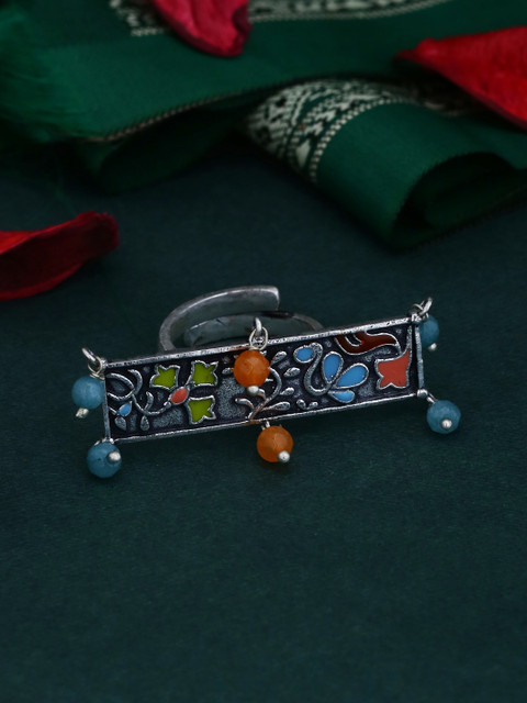 

Studio Voylla Silver-Plated & Blue Enamelled Handcrafted Oxidized Finger Ring