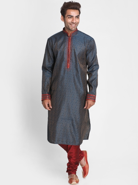 

Lakshya by Manish Men Blue & Red Self Design Jacquard Kurta with Churidar