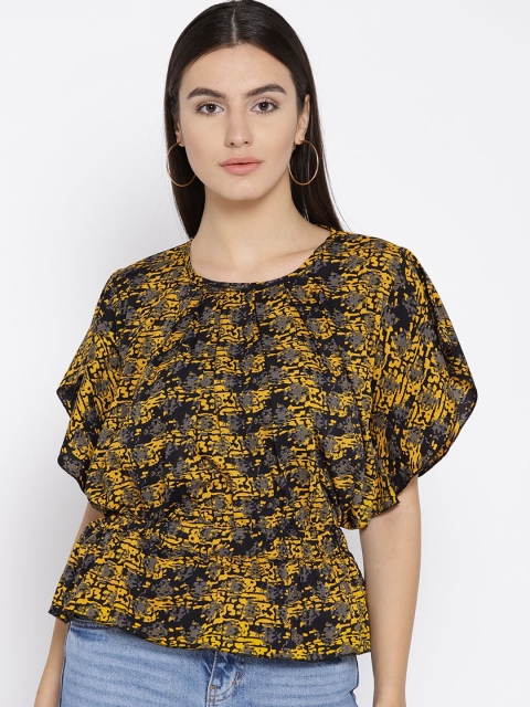 

Cottinfab Women Mustard Yellow & Black Printed Cinched Waist Top