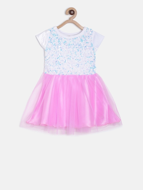 TALES & STORIES Girls White & Pink Embellished Fit and Flare Dress