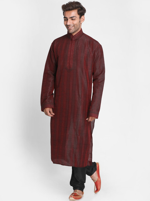 

Lakshya by Manish Men Maroon & Navy Blue Dupion Silk Striped Kurta with Churidar