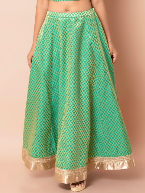 

INDYA Women Green & Golden Self Design Banarasi Maxi Flared Skirt