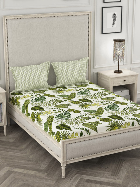

Portico New York White & Green Floral 144 TC Cotton 1 King Bedsheet with 2 Pillow Covers