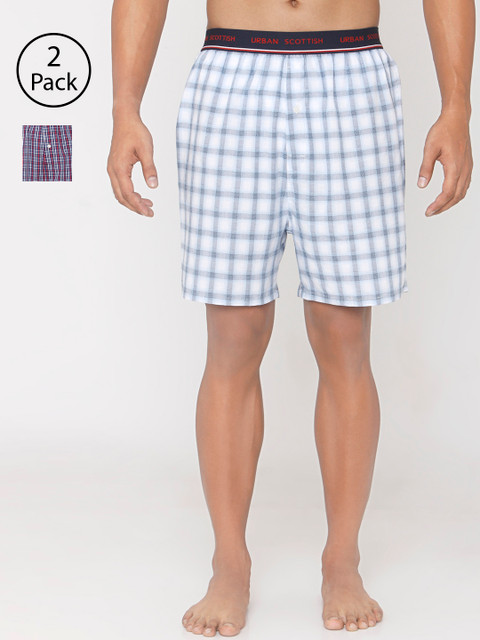 

URBAN SCOTTISH Men Pack of 2 Checked 100% Cotton Boxers USBX1924, Navy blue