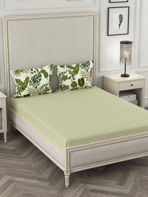 

Portico New York Green & White Geometric 144 TC Cotton 1 King Bedsheet with 2 Pillow Covers