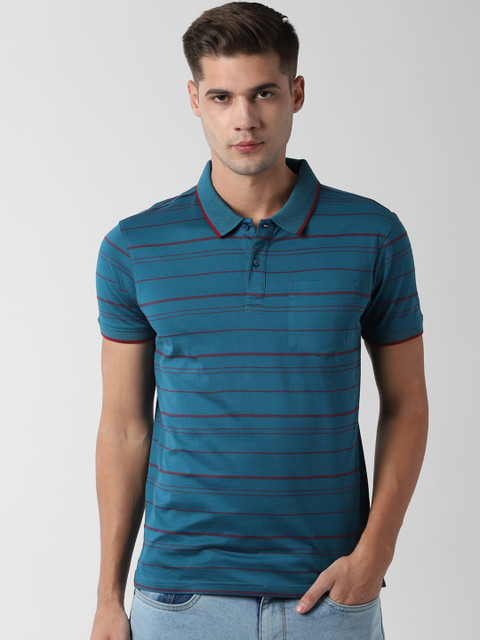 

Peter England Casuals Men Blue Striped Polo Collar Pure Cotton T-shirt
