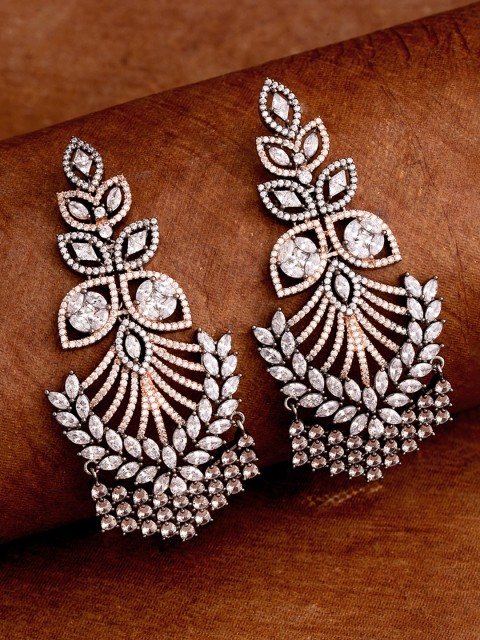 

Studio Voylla Gold-Plated & Black Cubic Zirconia Leaf Shaped Drop Earrings