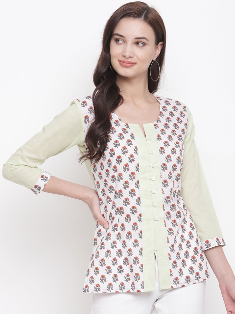 

FABNEST Women Sea Green & Off-White Colourblocked Top