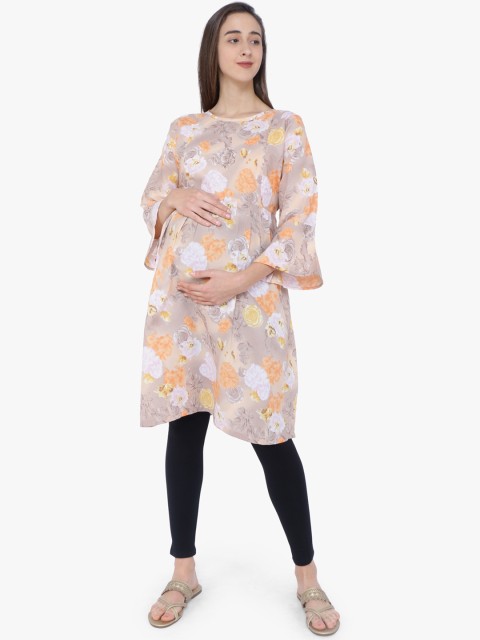 

MomToBe Women Orange & Grey Floral Printed Maternity A-Line Kurta