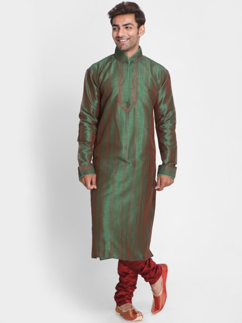 

Lakshya by Manish Men Green & Red Striped Kurta with Churidar