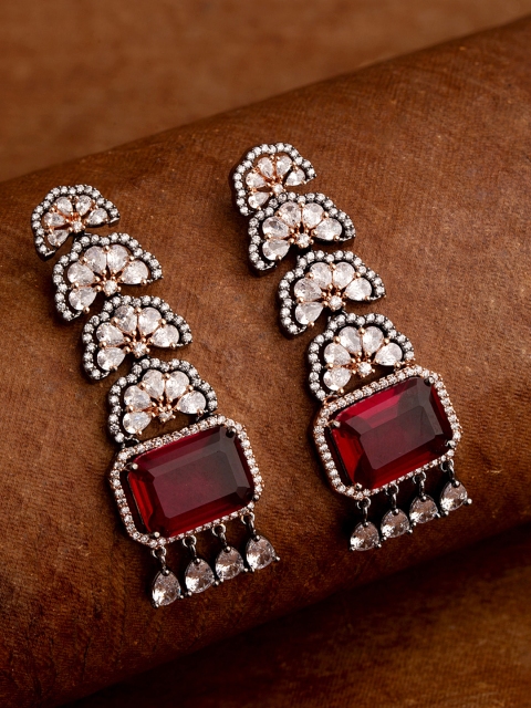 

Studio Voylla Rose Gold-Plated Black & Red Cube Zirconia Handmade Drop Earrings
