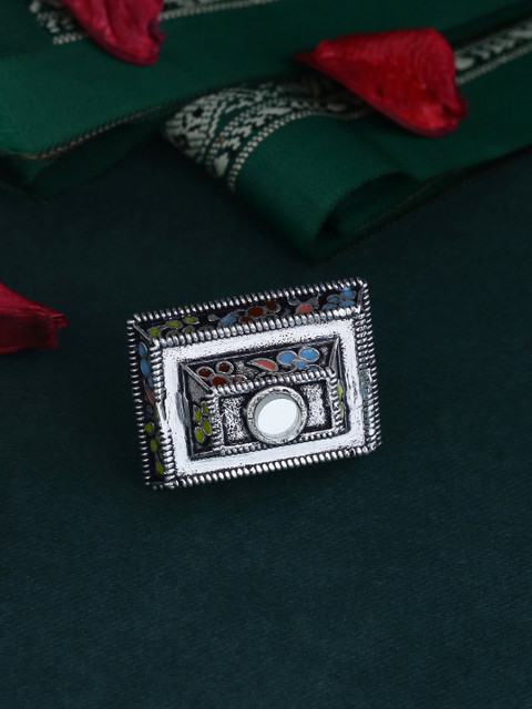 

Studio Voylla Silver-Plated & Blue Enamelled Handcrafted Oxidized Finger Ring