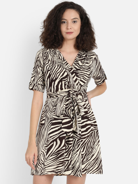 

COVER STORY Women Beige Animal Printed Wrap Dress