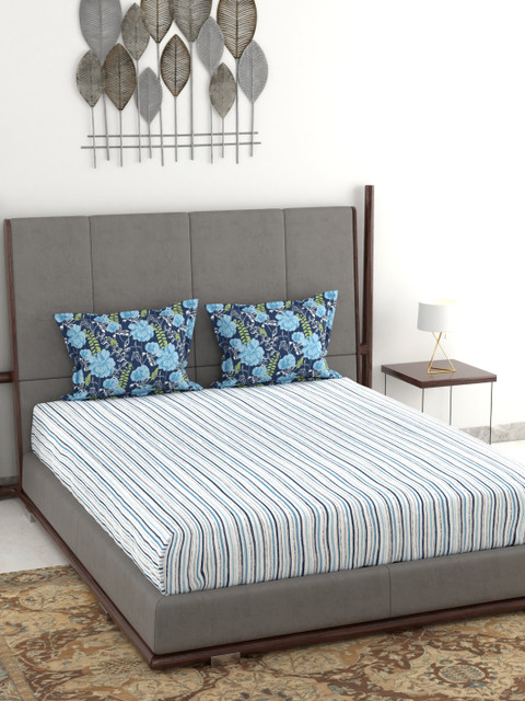 

Trident Blue Striped 120 TC Cotton 1 Queen Bedsheet with 2 Pillow Covers