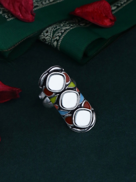

Studio Voylla Silver-Plated & Red Enamelled Handcrafted Oxidized Finger Ring
