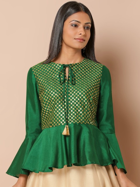 

INDYA Women Green Embellished Peplum Top