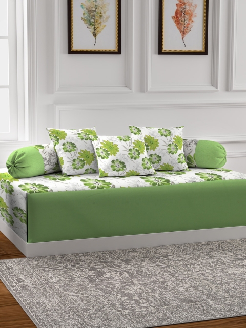 

Soumya White & Green Floral Print Diwan Set with Bolster & Cushion Covers