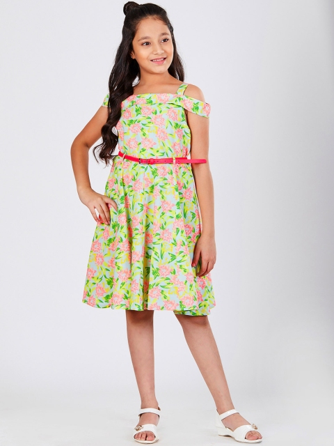 

CACA CINA Girls Lime Yellow & Coral Pink Printed Fit and Flare Dress, Lime green