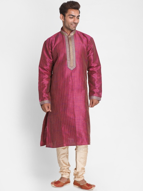 

Lakshya by Manish Men Pink & Beige Striped Dupion Silk Kurta with Churidar