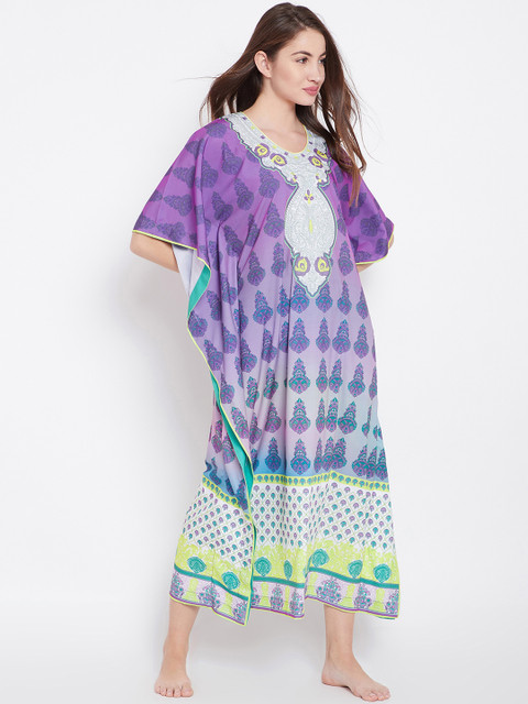 

The Kaftan Company Purple & White Printed Kaftan Nightdress