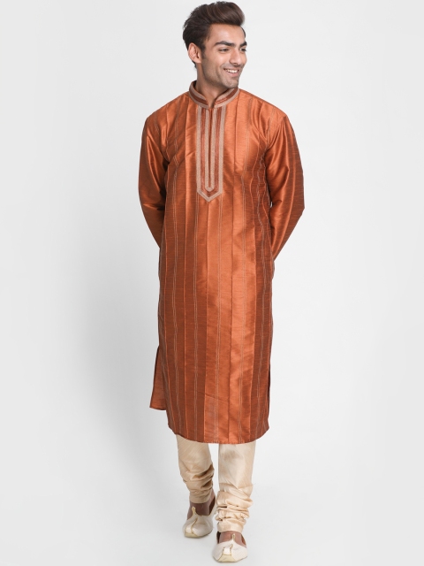 

Lakshya by Manish Men Brown & Beige Dupion Silk Striped Kurta with Churidar