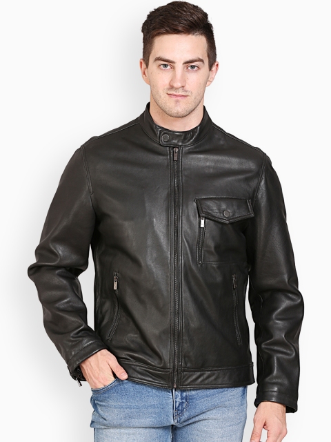 

Justanned Men Black Solid Leather Jacket