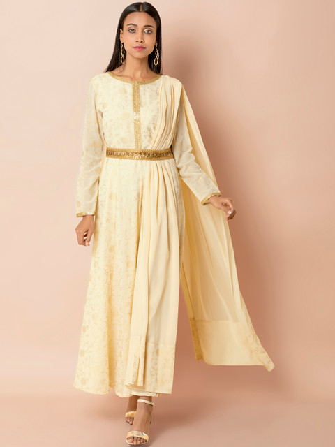 

INDYA Women Off-White & Golden Printed A-Line Kurta with Attached Dupatta
