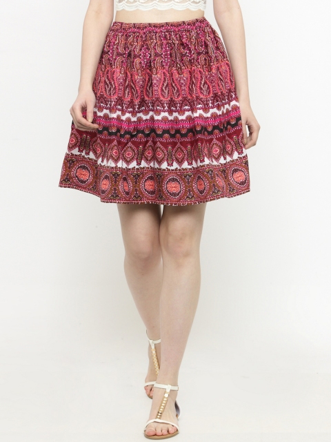 

Sera Women Pink & Maroon Printed Flared Crepe Knee-Length Skirt