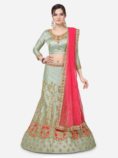 

V SALES Green & Pink Embroidered Unstitched Lehenga & Blouse with Dupatta