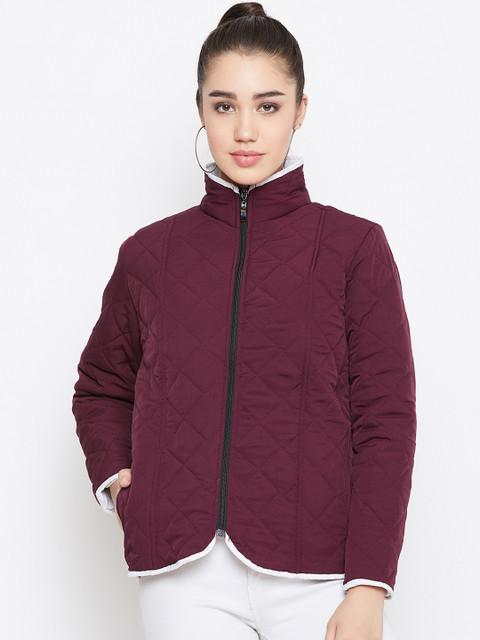 

PURYS Women Burgundy Solid Quilted Jacket