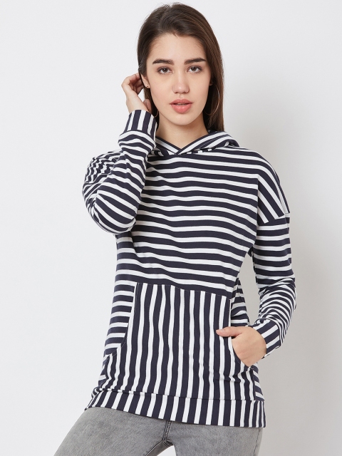Nun Women Navy Blue & White Striped Hooded Sweatshirt