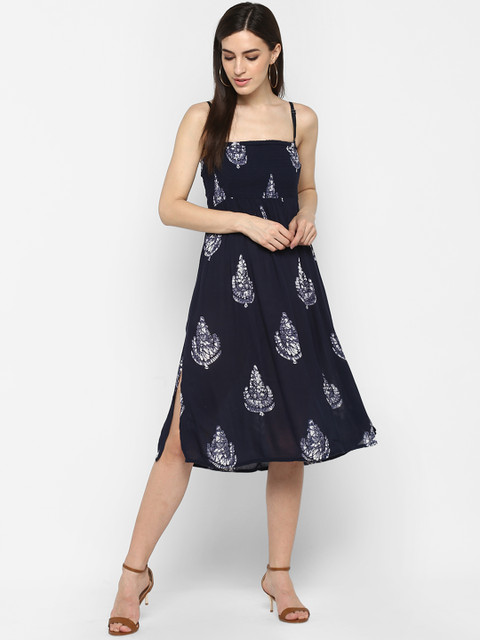 

Aditi Wasan Women Navy Blue Printed Fit and Flare Dress