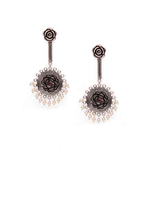 Fabstreet Silver-Toned Floral Drop Earrings