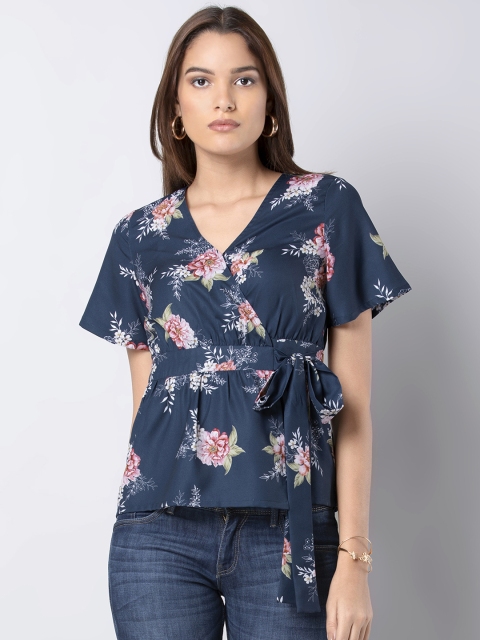 

FabAlley Women Navy Blue Printed Wrap Top