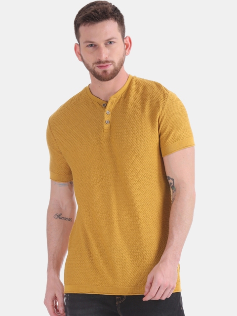 

Cherokee Men Yellow Self Design Henley Neck T-shirt