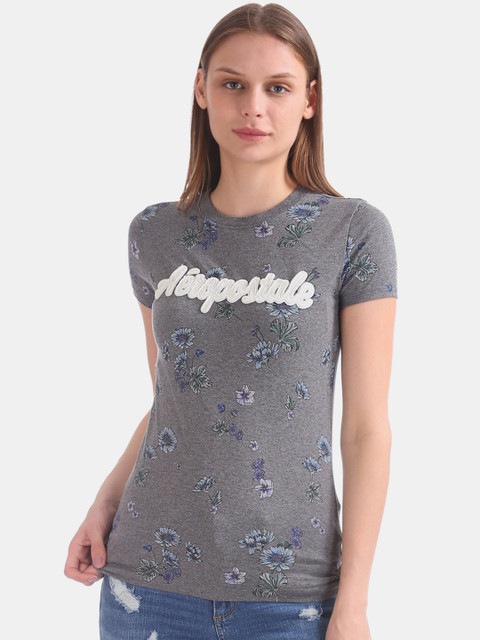 

Aeropostale Women Grey & Blue Printed Round Neck T-shirt