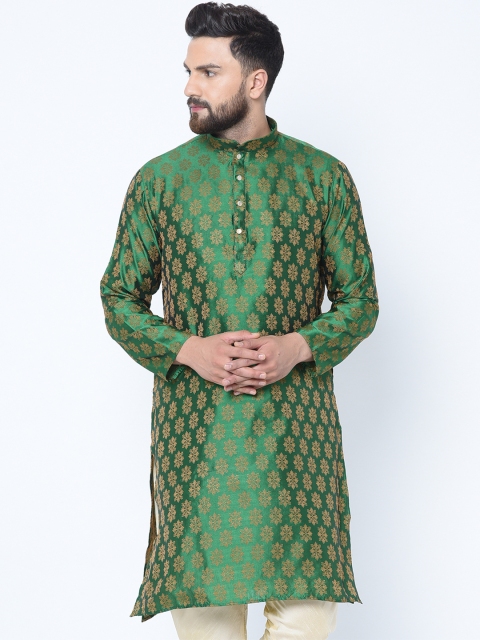 

TAG 7 Men Green & Gold-Toned Woven Design Straight Kurta