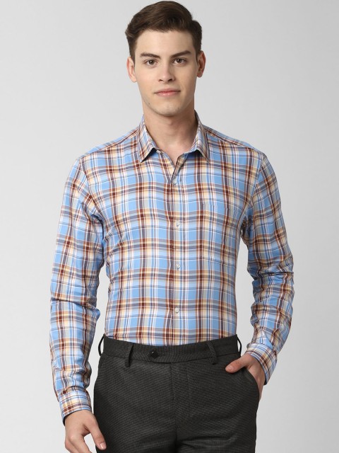 

Peter England Men Blue & Brown Regular Fit Checked Formal Shirt