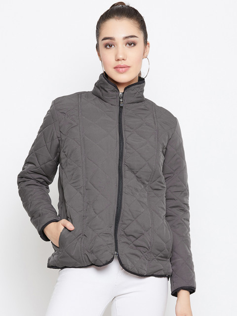 

PURYS Women Grey Solid Quilted Jacket