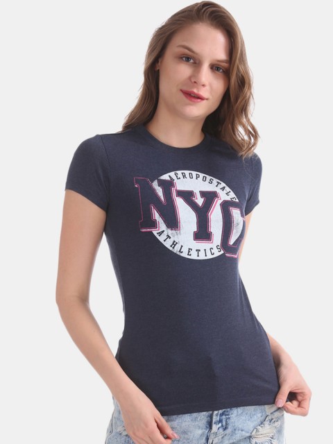 

Aeropostale Women Navy Blue Printed Round Neck T-shirt
