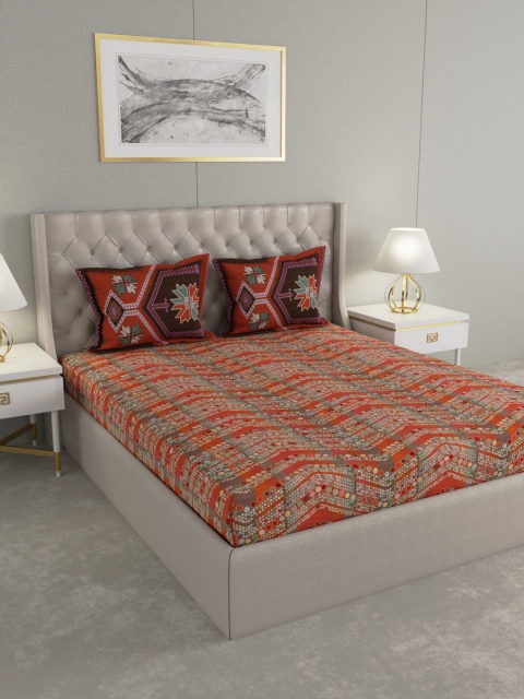 

Boutique Living India Red & Grey Geometric 300 TC Cotton 1 King Bedsheet with 2 Pillow Covers