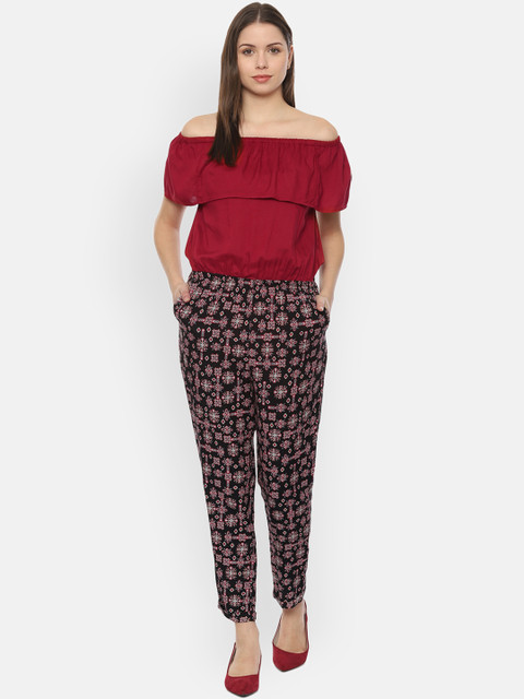 

People Women Maroon & Black Printed Basic Jumpsuit