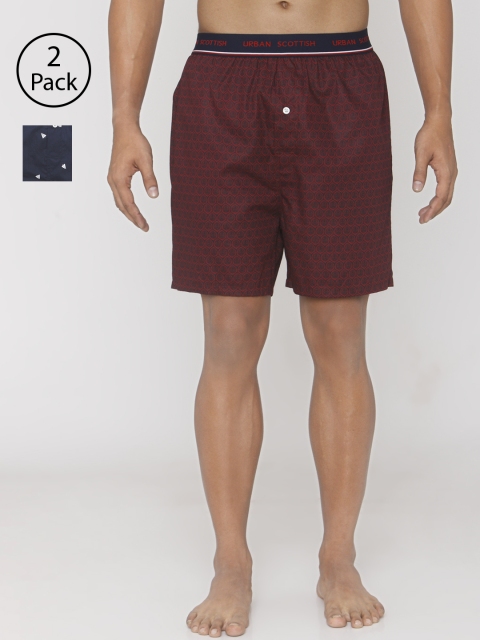 

URBAN SCOTTISH Men Pack of 2 Printed Cotton Boxers USBX1922, Maroon