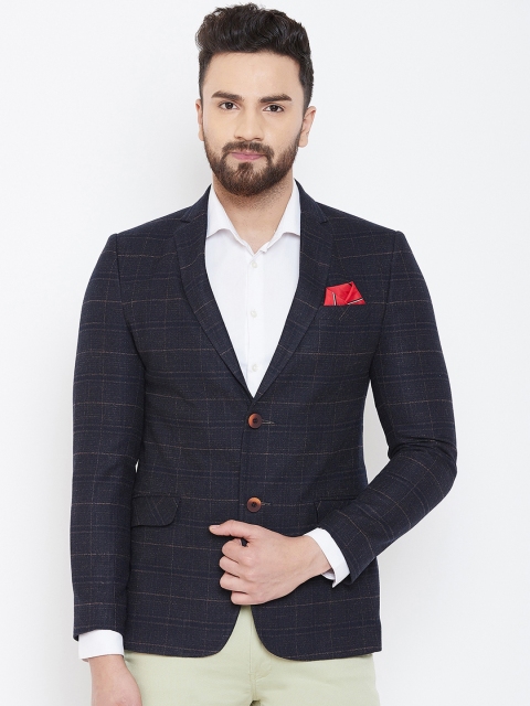 

Spirit Men Navy Blue Checked Single-Breasted Tailored Fit Blazer
