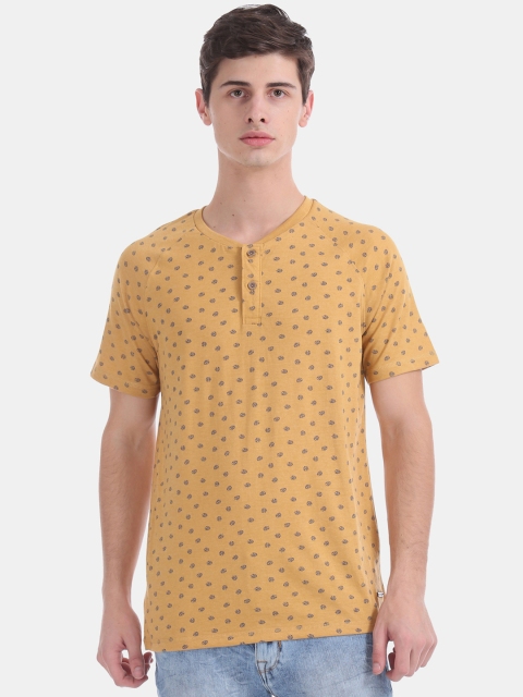 

Cherokee Men Yellow Printed Mandarin Collar T-shirt