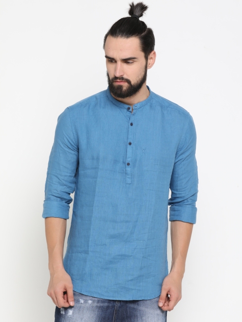 

SHOWOFF Men Blue Solid Straight Short Kurta