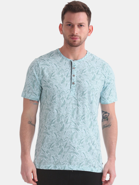 

Cherokee Men Blue Printed Henley Neck Pure Cotton T-shirt