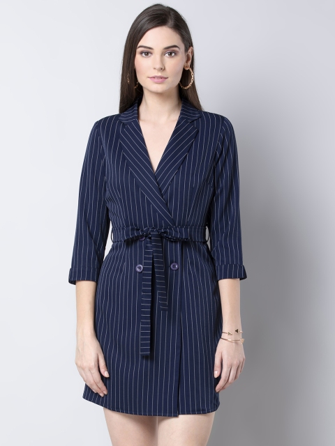 

FabAlley Women Navy Blue Striped Wrap Dress